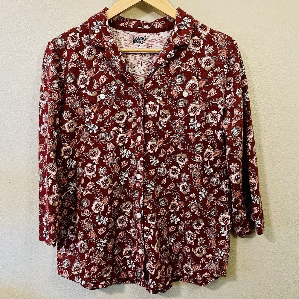 Land's End Floral Button Up Comfort Stretch Cottagecore Western Size M